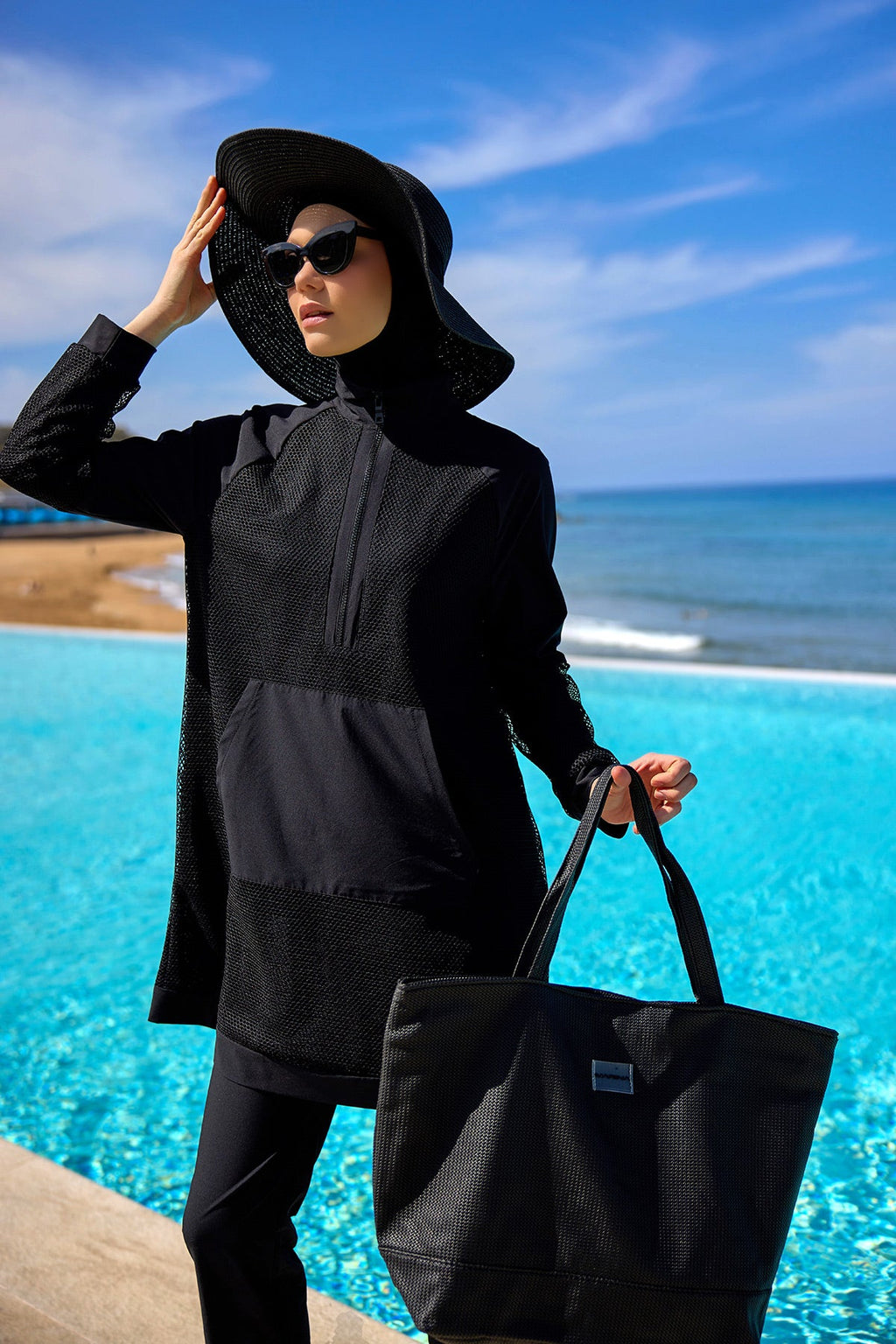 Black Faux Leather Beach Bag with Zipper